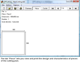 The tab Piece displays the design and characteristics of the pieces of the cutting list